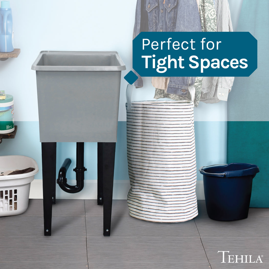 Tehila Space Saver Freestanding Grey Utility Sink - Utility-Sink.com