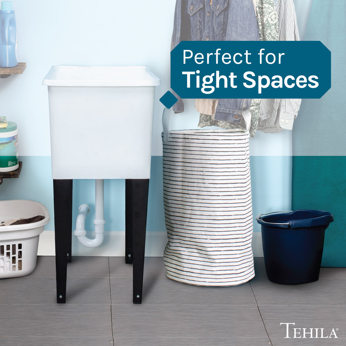 Tehila Space Saver Freestanding White Utility Sink - Utility-Sink.com