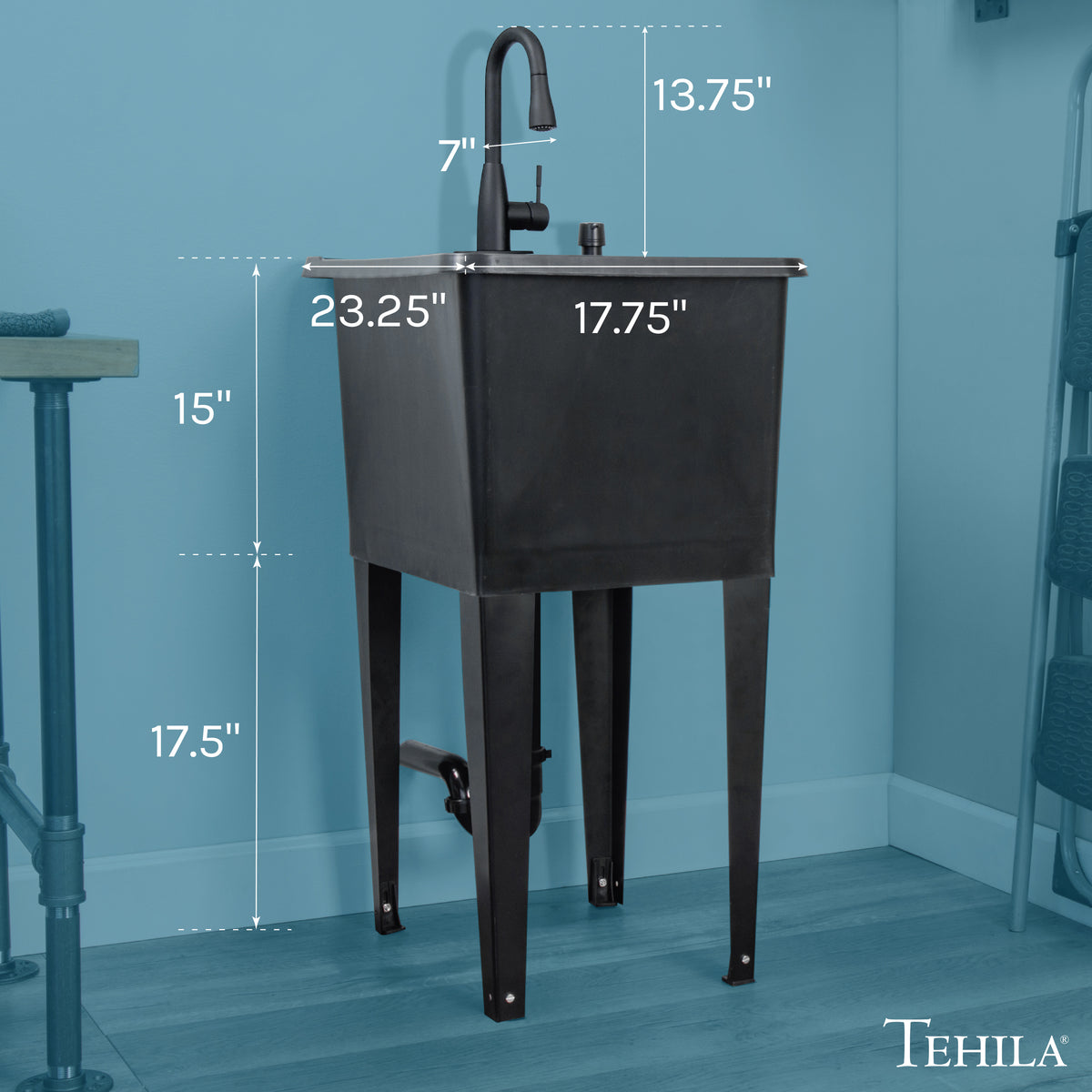 Tehila Space Saver Freestanding Black Utility Sink with Black Finish Low-Profile Pull-Down Faucet - Utility-Sink.com