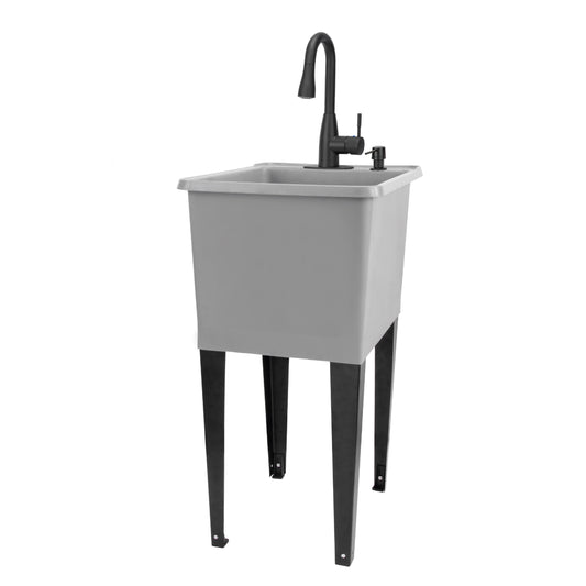 Tehila Space Saver Freestanding Grey Utility Sink with Black Finish Low-Profile Pull-Down Faucet - Utility-Sink.com