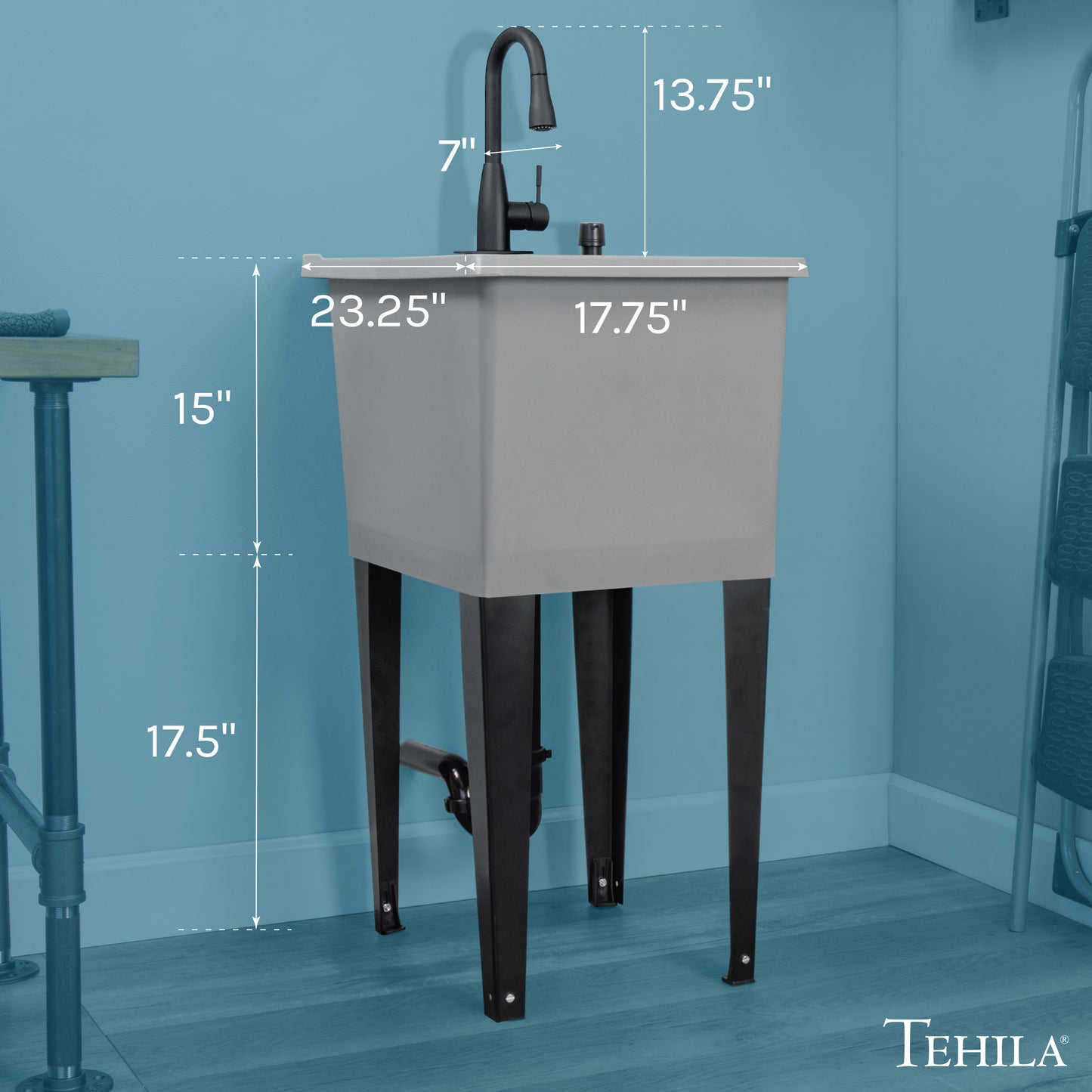 Tehila Space Saver Freestanding Grey Utility Sink with Black Finish Low-Profile Pull-Down Faucet - Utility-Sink.com