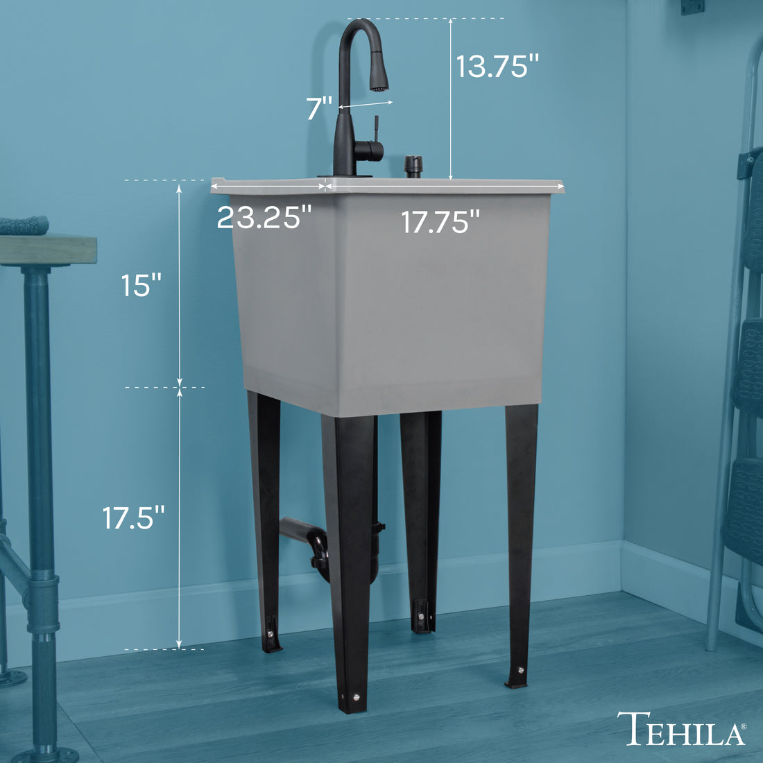 Tehila Space Saver Freestanding White Utility Sink with Black Finish Low-Profile Pull-Down Faucet - Utility-Sink.com
