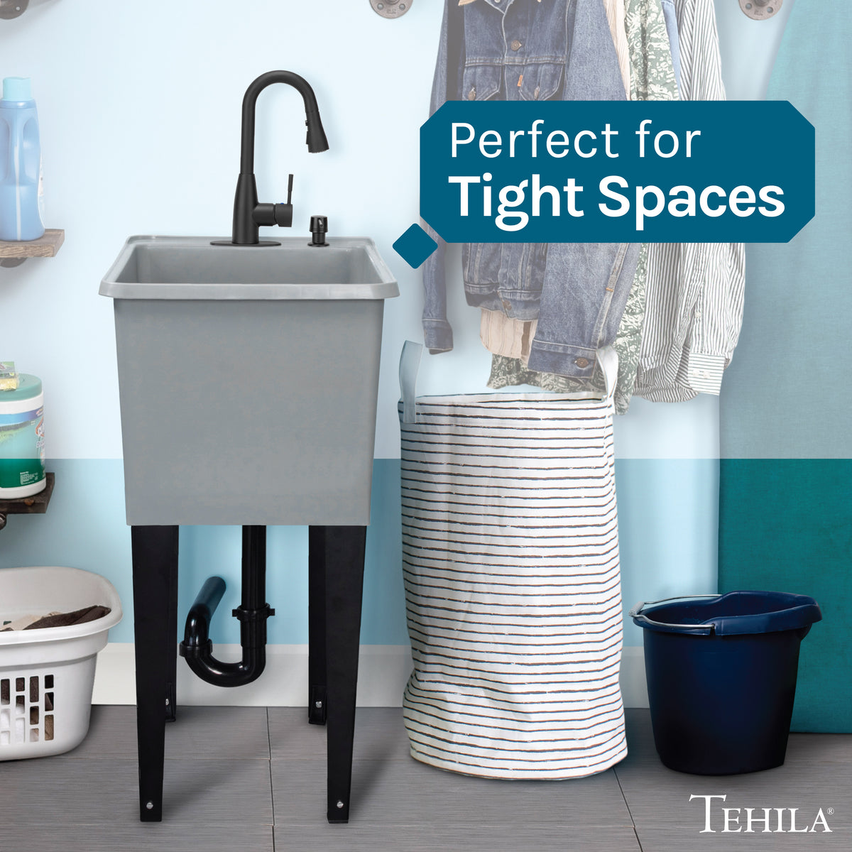 Tehila Space Saver Freestanding Grey Utility Sink with Black Finish Low-Profile Pull-Down Faucet - Utility-Sink.com