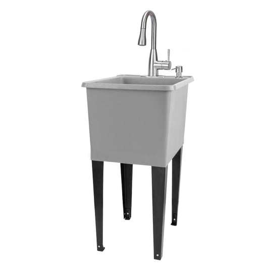 Tehila Space Saver Freestanding Grey Utility Sink with Stainless Steel Finish Low-Profile Pull-Down Faucet - Utility-Sink.com