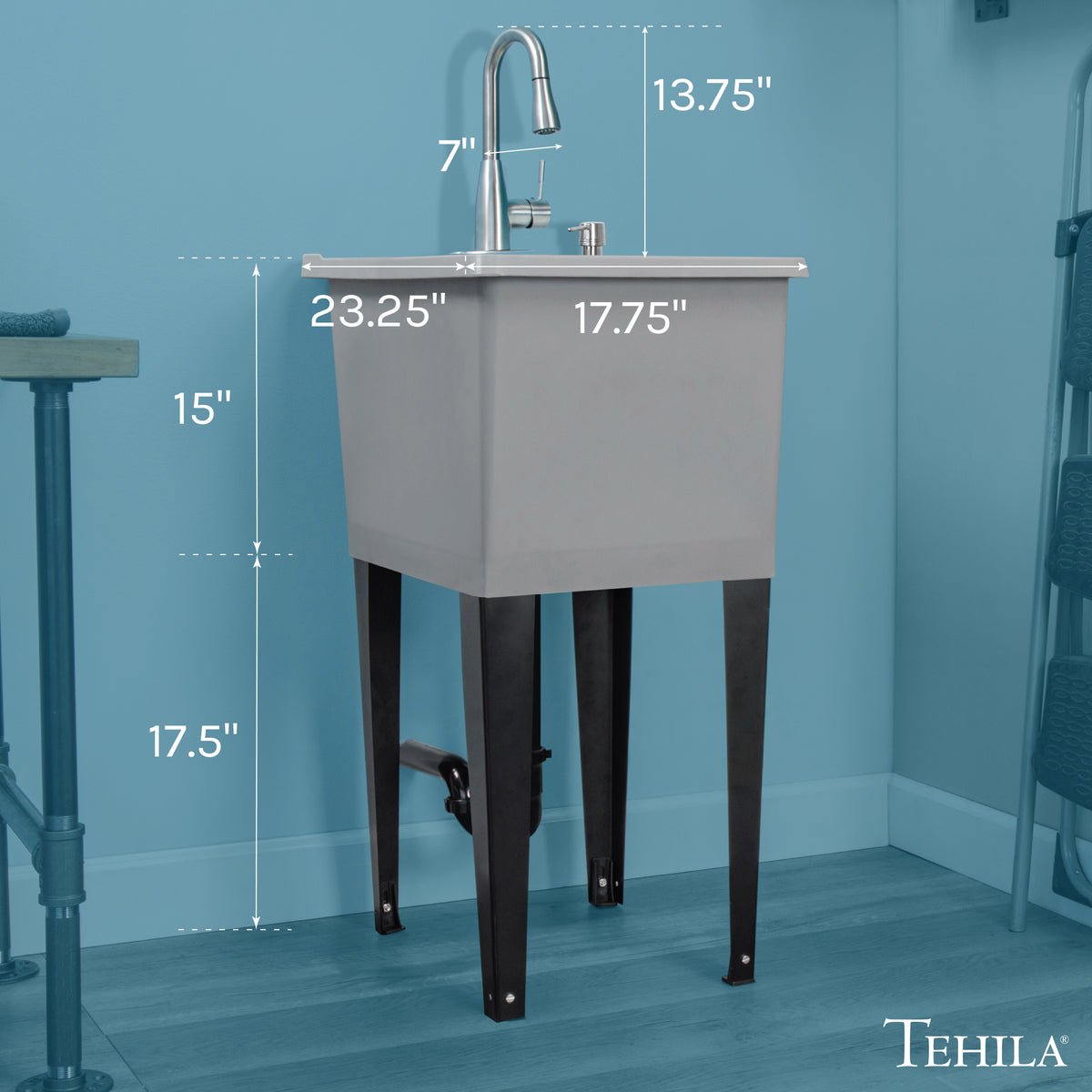 Tehila Space Saver Freestanding Grey Utility Sink with Stainless Steel Finish Low-Profile Pull-Down Faucet - Utility-Sink.com