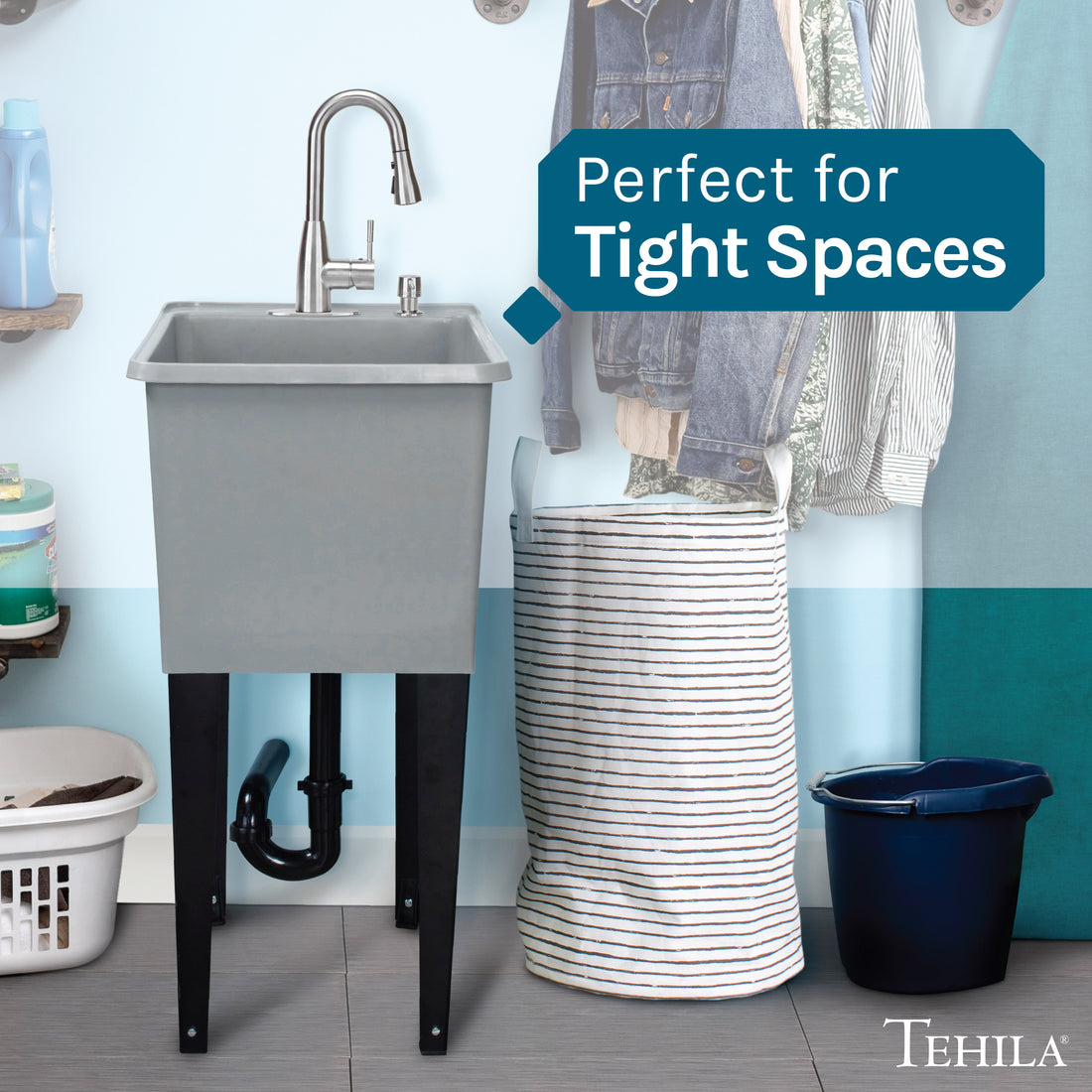 Tehila Space Saver Freestanding Grey Utility Sink with Stainless Steel Finish Low-Profile Pull-Down Faucet - Utility-Sink.com