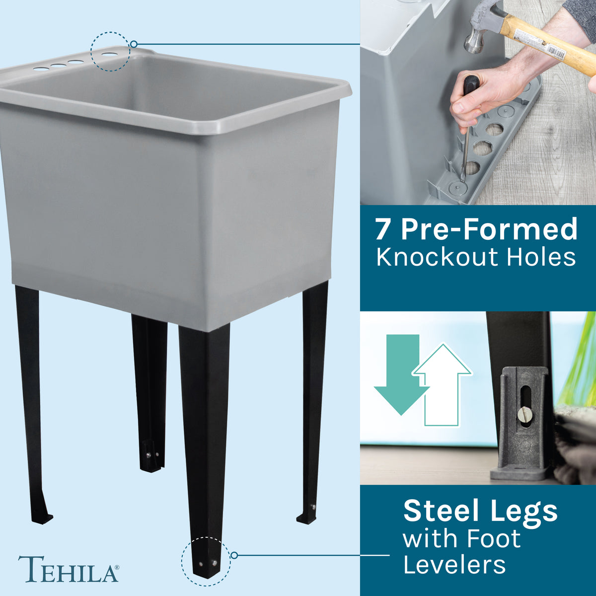 Tehila Space Saver Freestanding Grey Utility Sink with Stainless Steel Finish Low-Profile Pull-Down Faucet - Utility-Sink.com
