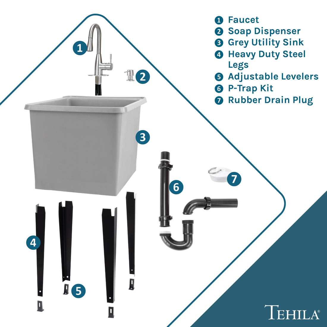 Tehila Space Saver Freestanding Grey Utility Sink with Stainless Steel Finish Low-Profile Pull-Down Faucet - Utility-Sink.com