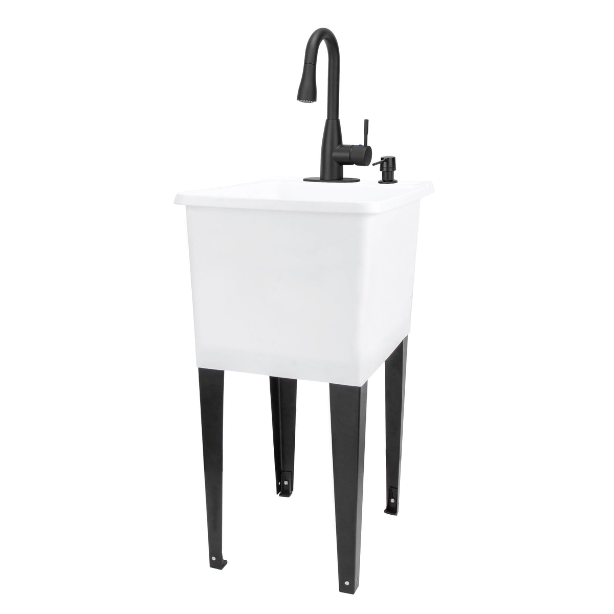 Tehila Space Saver Freestanding White Utility Sink with Black Finish Low-Profile Pull-Down Faucet - Utility-Sink.com