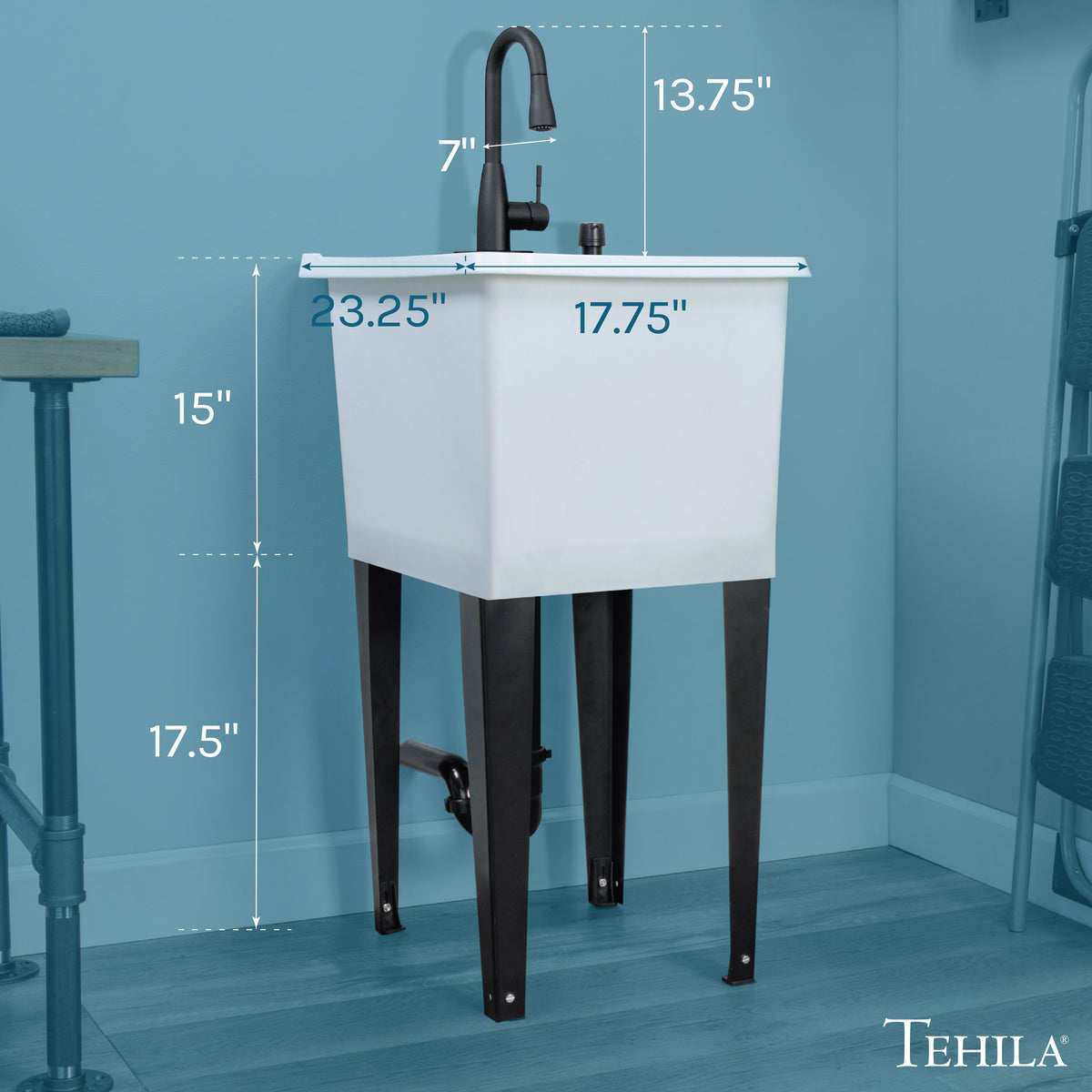 Tehila Space Saver Freestanding White Utility Sink with Black Finish Low-Profile Pull-Down Faucet - Utility-Sink.com