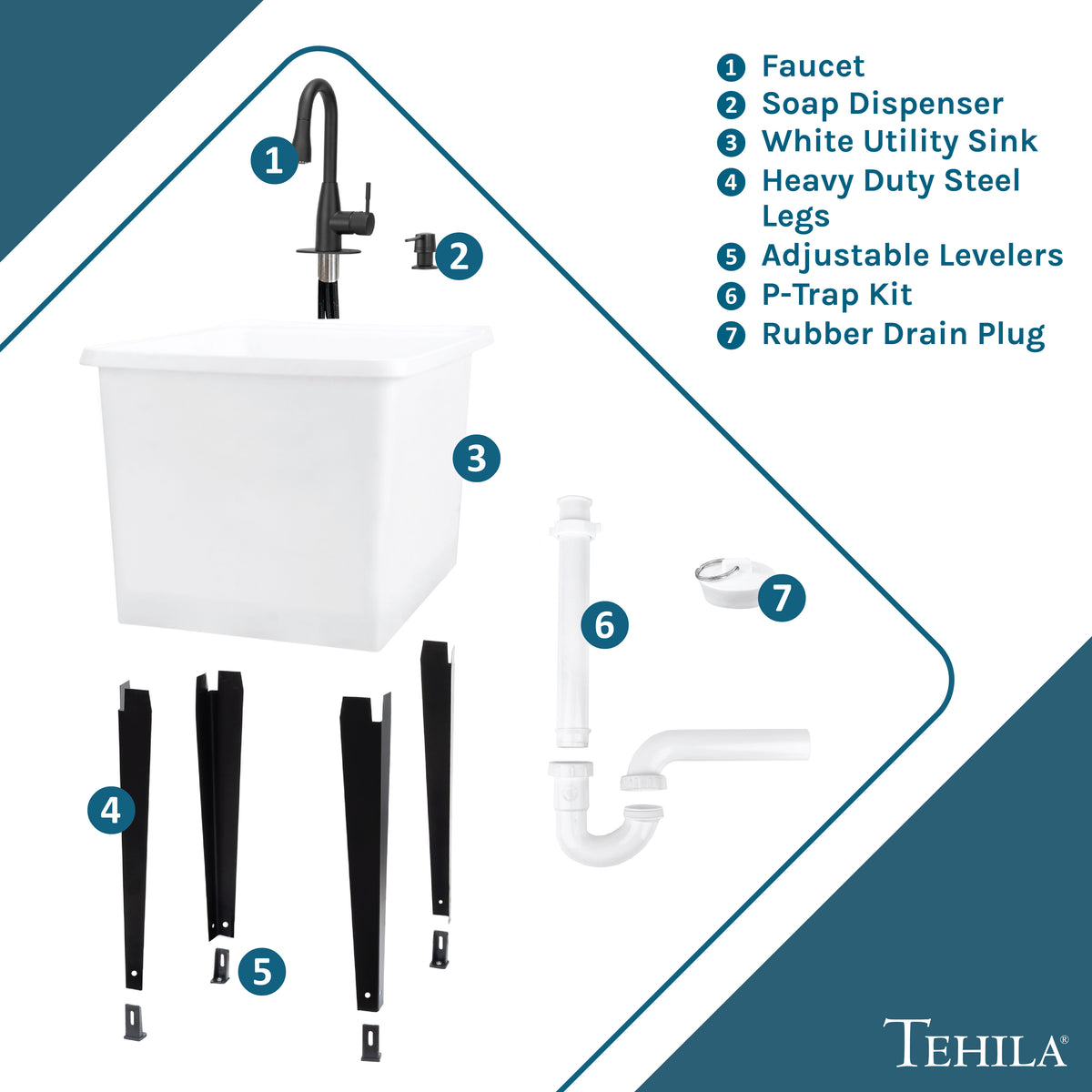 Tehila Space Saver Freestanding White Utility Sink with Black Finish Low-Profile Pull-Down Faucet - Utility-Sink.com