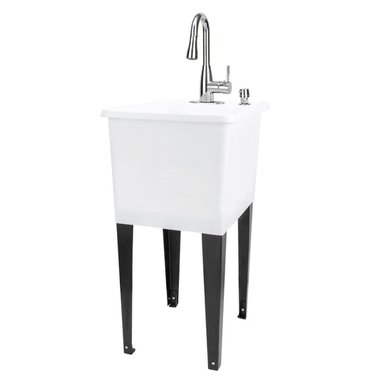 Tehila Space Saver Freestanding White Utility Sink with Chrome Finish Low-Profile Pull-Down Faucet - Utility-Sink.com