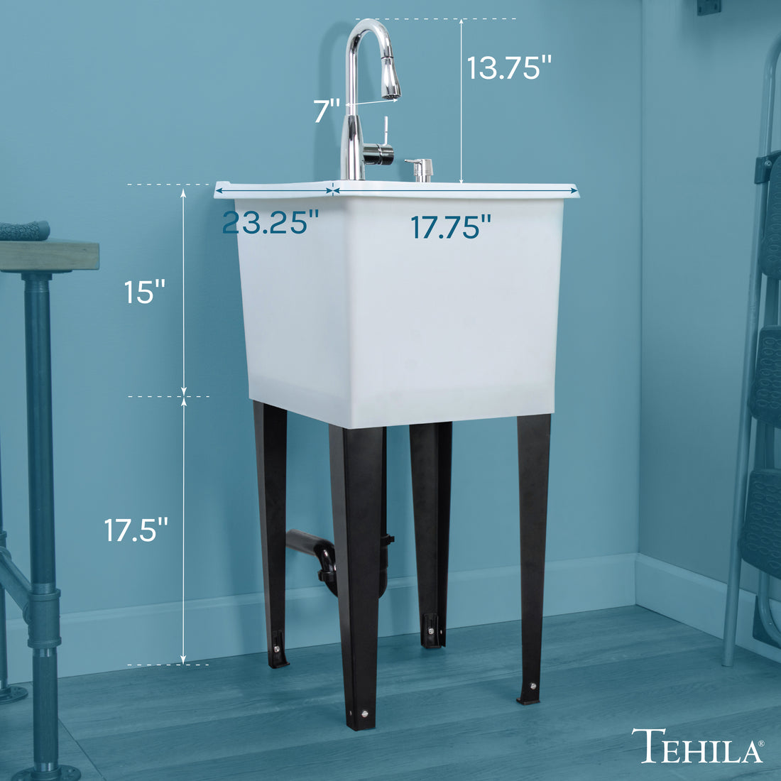 Tehila Space Saver Freestanding White Utility Sink with Chrome Finish Low-Profile Pull-Down Faucet - Utility-Sink.com
