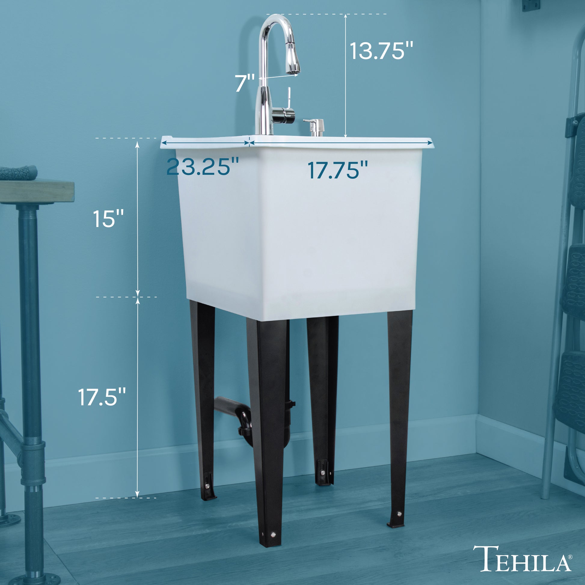 Tehila Space Saver Freestanding White Utility Sink with Chrome Finish Low-Profile Pull-Down Faucet - Utility-Sink.com