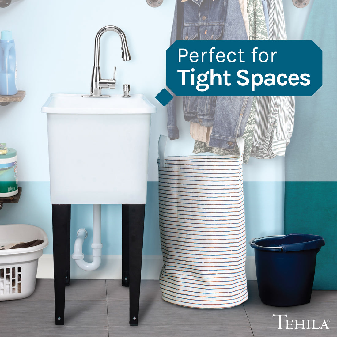 Tehila Space Saver Freestanding White Utility Sink with Chrome Finish Low-Profile Pull-Down Faucet - Utility-Sink.com