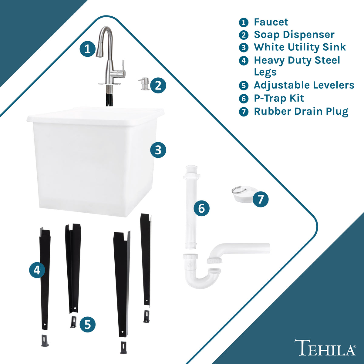 Tehila Space Saver Freestanding White Utility Sink with Stainless Steel Finish Low-Profile Pull-Down Faucet - Utility-Sink.com