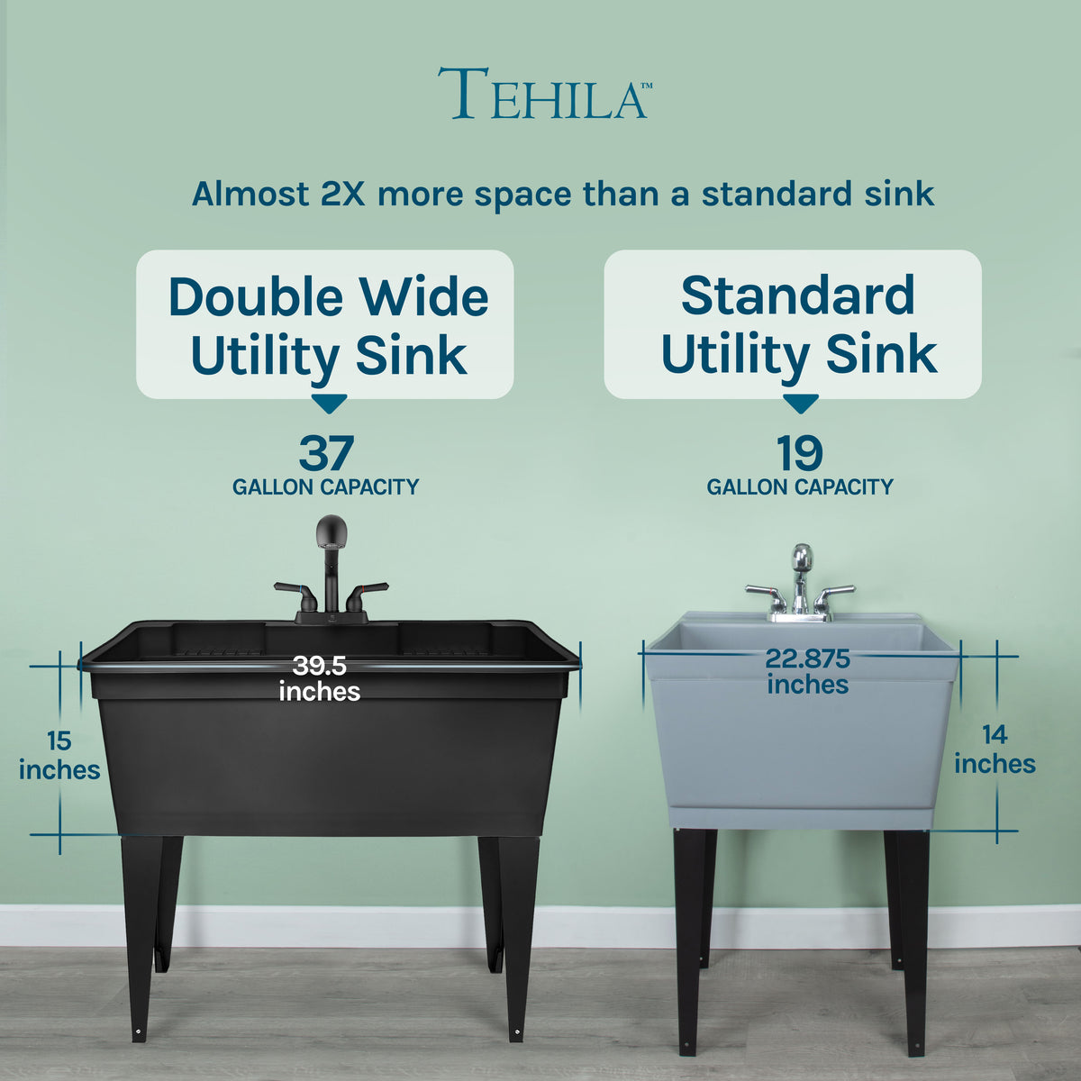 Tehila Freestanding Double-Wide Black Utility Sink with Steel Legs & Black Pull-Out Faucet, Multi-Purpose Heavy-Duty Laundry Tub and Kitchen Sink for Homes & Business - Utility-Sink.com