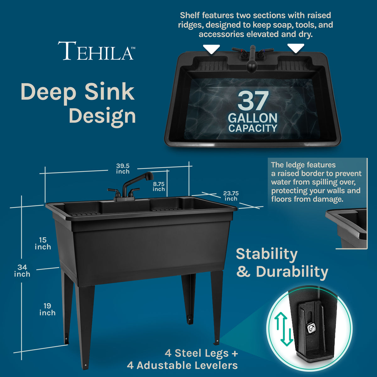 Tehila Freestanding Double-Wide Black Utility Sink with Steel Legs & Black Pull-Out Faucet, Multi-Purpose Heavy-Duty Laundry Tub and Kitchen Sink for Homes & Business - Utility-Sink.com