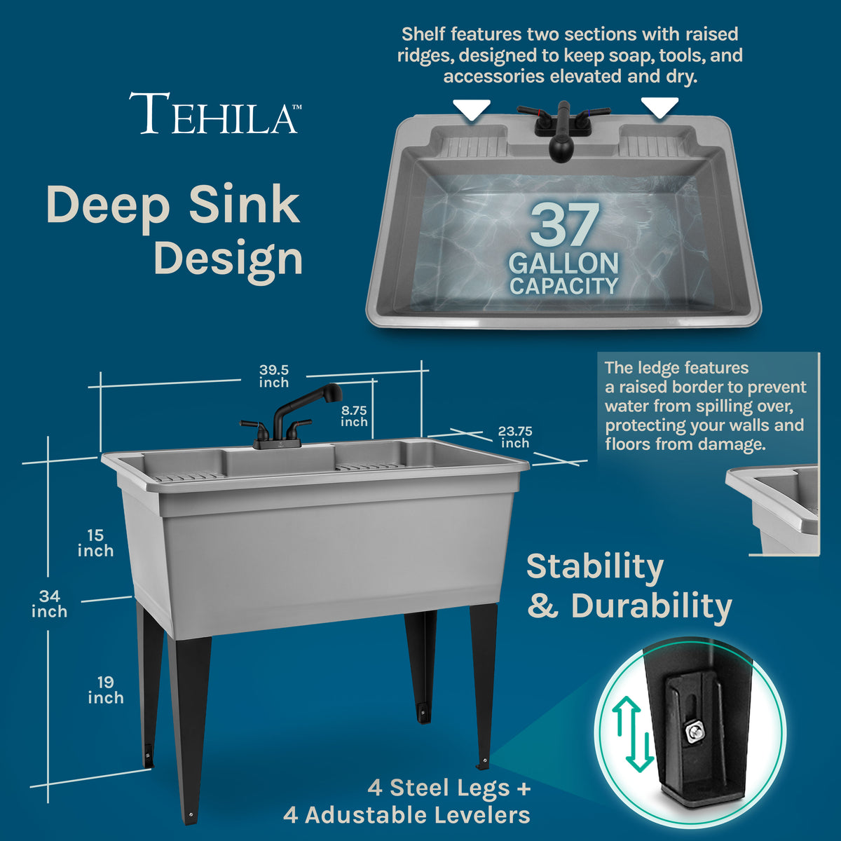 Tehila Freestanding Double-Wide Grey Utility Sink with Steel Legs & Black Pull-Out Faucet, Multi-Purpose Heavy-Duty Laundry Tub and Kitchen Sink for Homes & Business - Utility-Sink.com