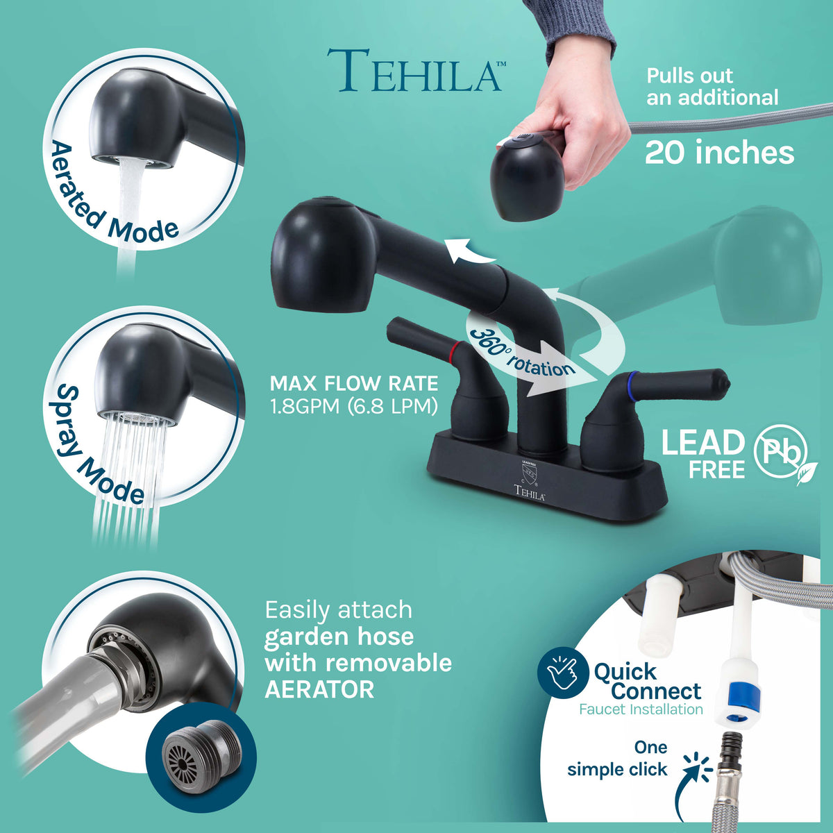 Tehila Freestanding Double-Wide Black Utility Sink with Steel Legs & Black Pull-Out Faucet, Multi-Purpose Heavy-Duty Laundry Tub and Kitchen Sink for Homes & Business - Utility-Sink.com