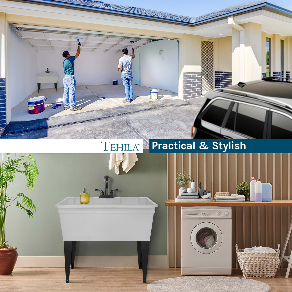 Tehila Freestanding Double-Wide White Utility Sink with Steel Legs & Black Pull-Out Faucet, Multi-Purpose Heavy-Duty Laundry Tub and Kitchen Sink for Homes & Business - Utility-Sink.com