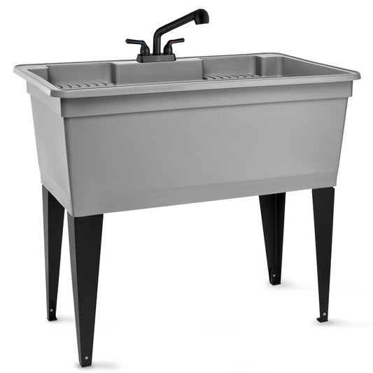 Tehila Freestanding Double-Wide Grey Utility Sink with Steel Legs & Black Pull-Out Faucet, Multi-Purpose Heavy-Duty Laundry Tub and Kitchen Sink for Homes & Business - Utility-Sink.com