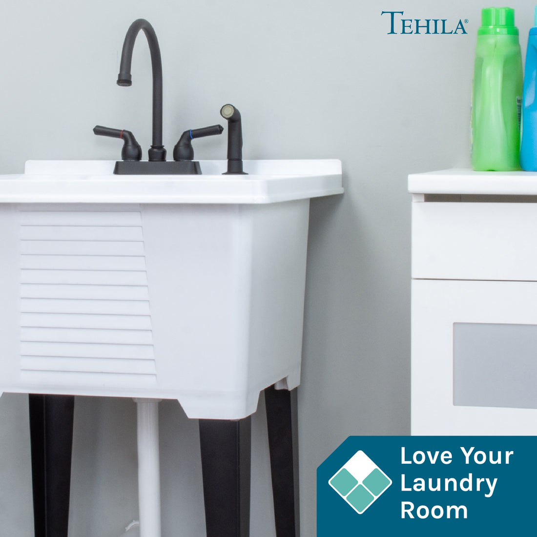 Tehila Black Finish Gooseneck Faucet with Side Sprayer - Utility sinks vanites Tehila