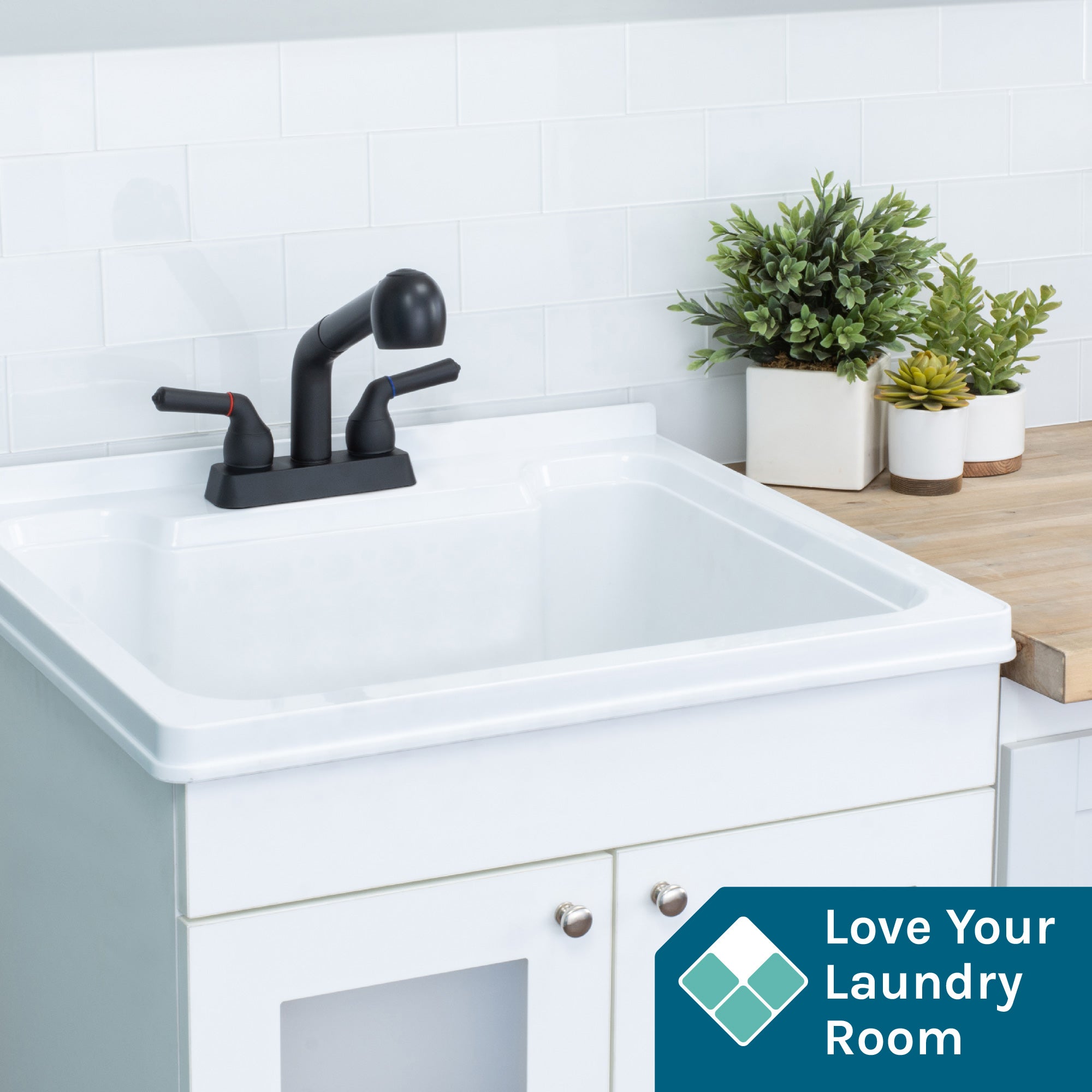 Tehila Standard Freestanding Black Utility Sink with Black Legs, Water Supply Lines Included