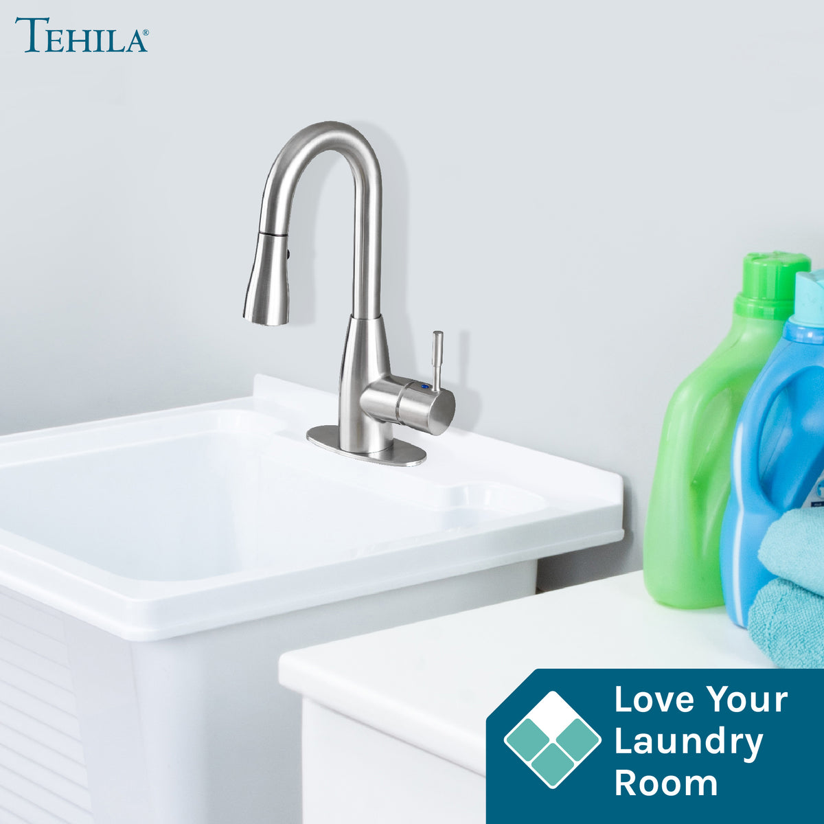 Tehila Stainless Steel Finish Low Profile Pull-Down Faucet - Utility sinks vanites Tehila