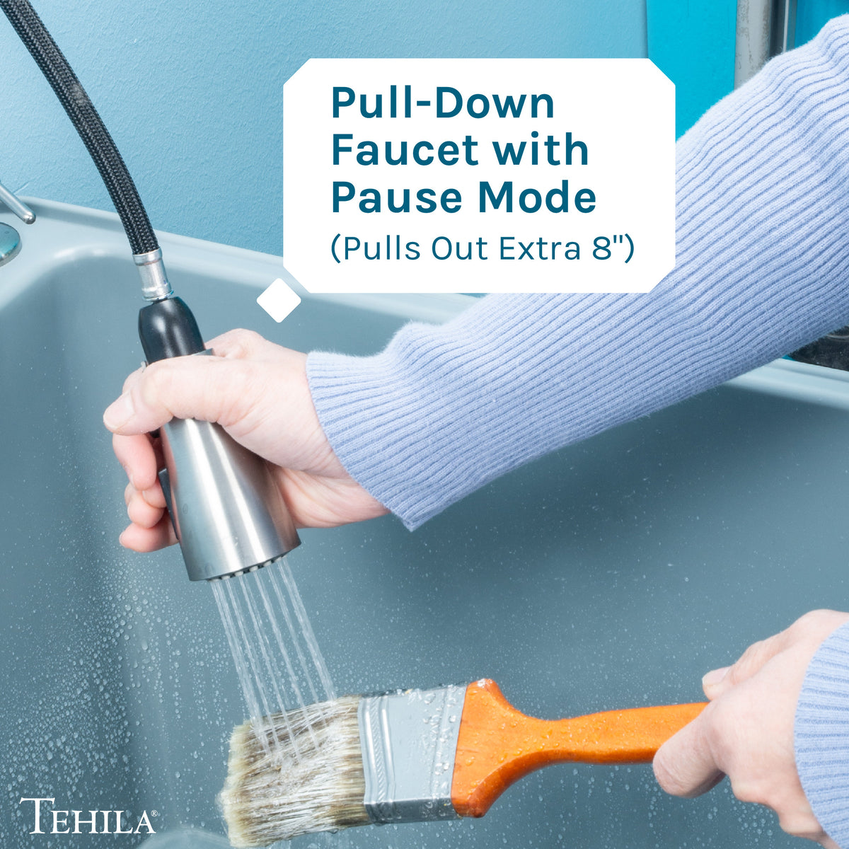 Tehila Stainless Steel Finish Low Profile Pull-Down Faucet - Utility sinks vanites Tehila
