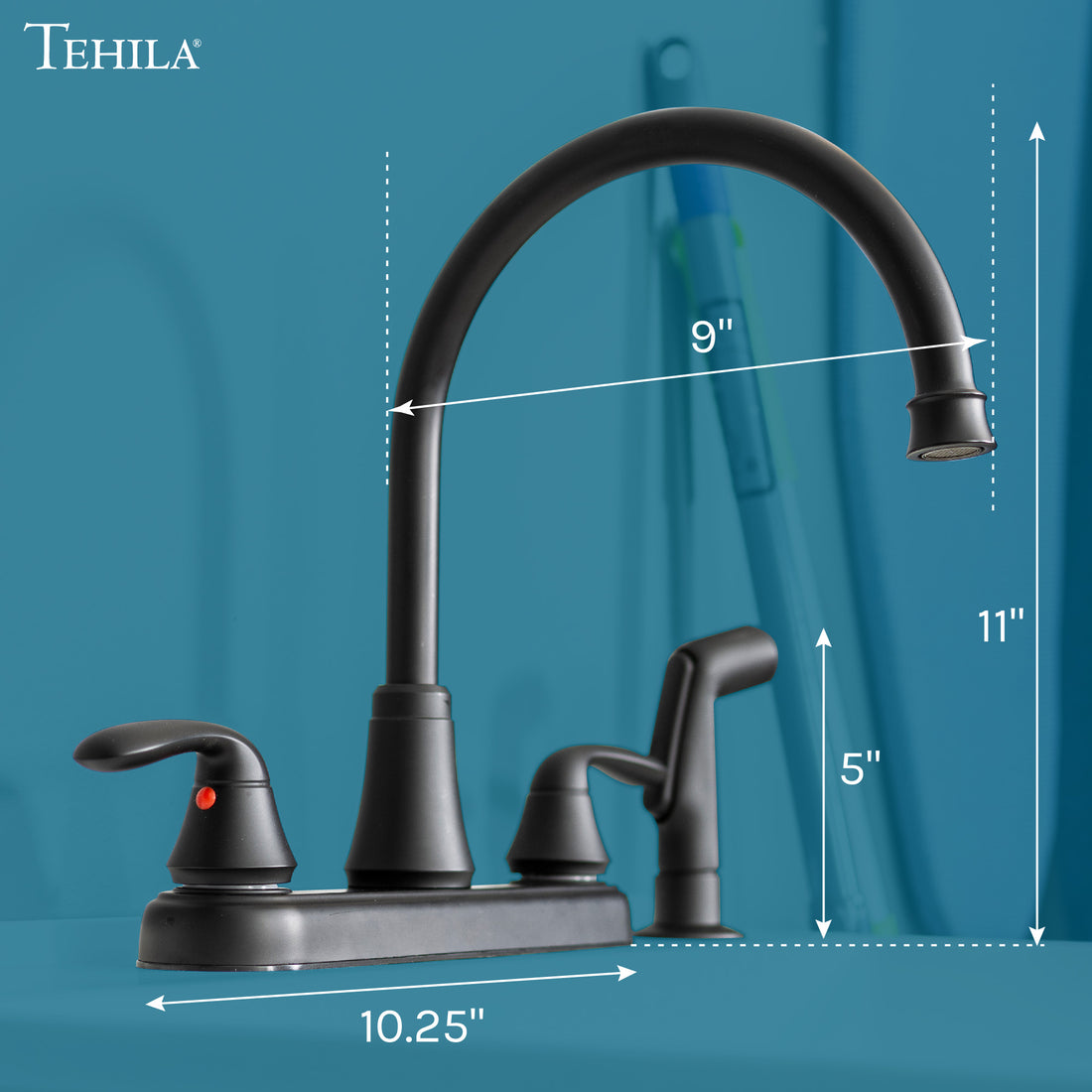 Tehila Black Finish Wide-set Gooseneck Faucet with Side Sprayer - Utility sinks vanites Tehila