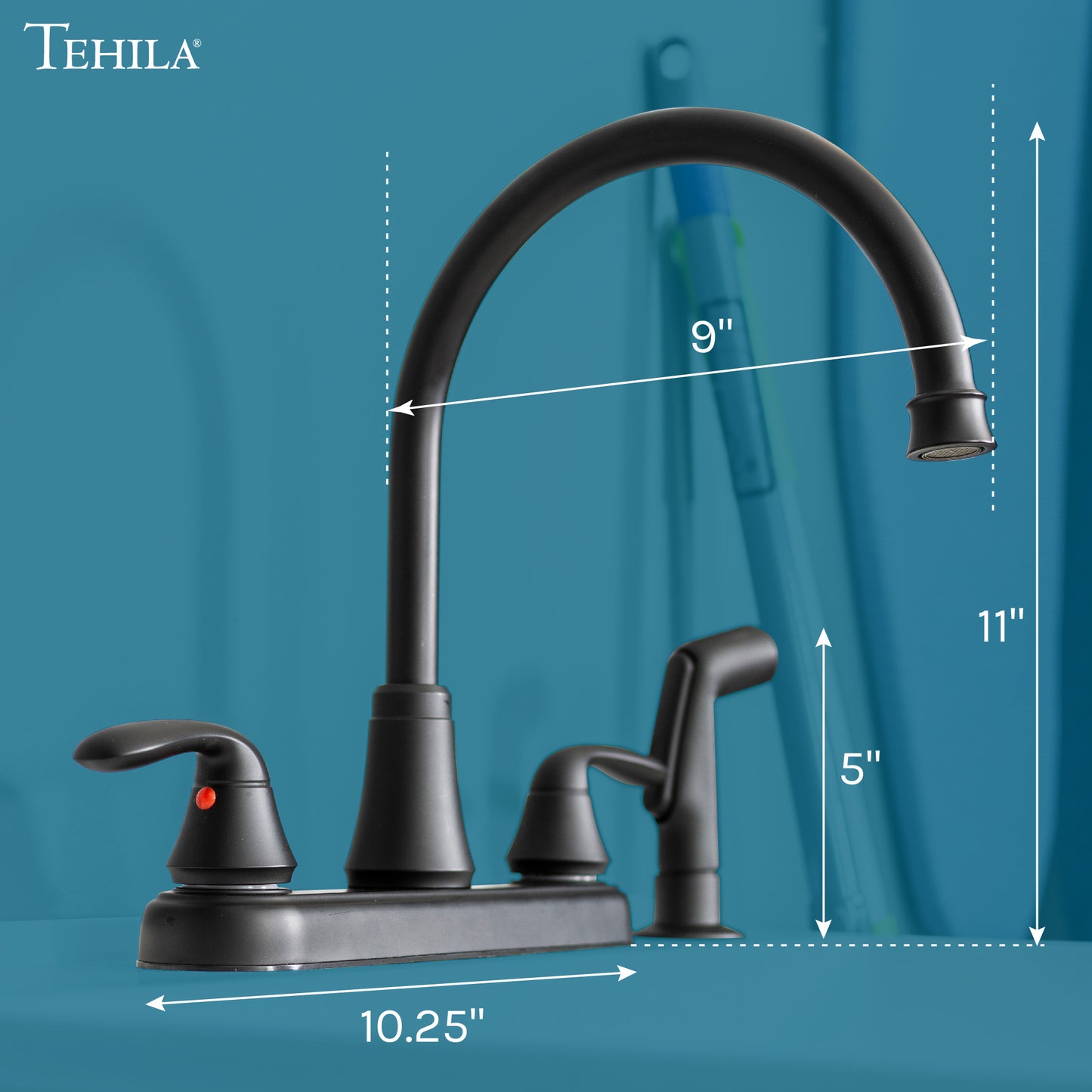 Tehila Black Finish Wide-set Gooseneck Faucet with Side Sprayer - Utility sinks vanites Tehila