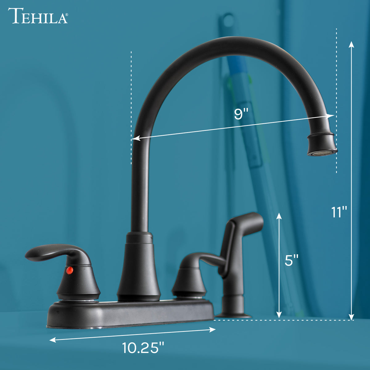 Tehila Black Finish Wide-set Gooseneck Faucet with Side Sprayer - Utility sinks vanites Tehila