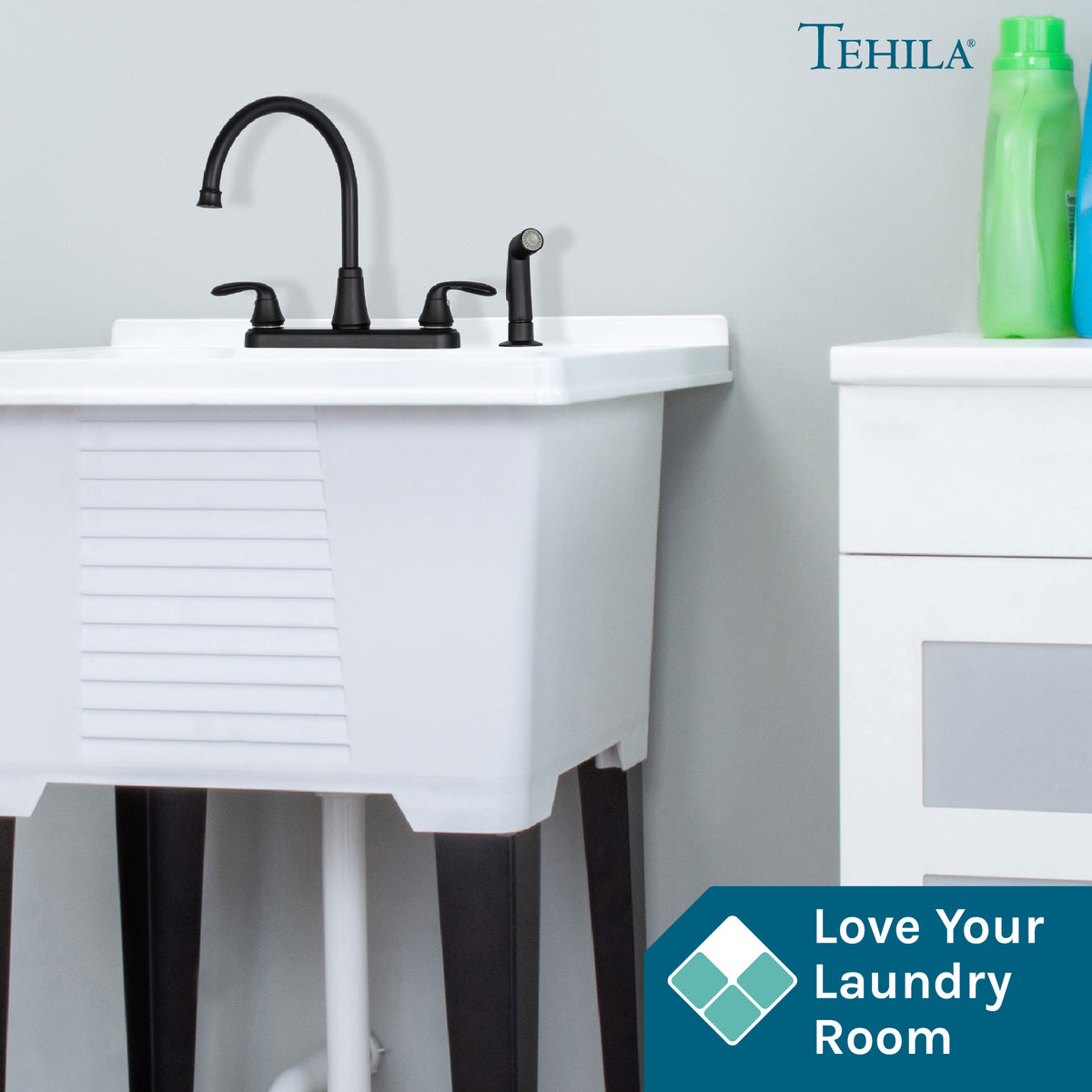 Tehila Black Finish Wide-set Gooseneck Faucet with Side Sprayer - Utility sinks vanites Tehila