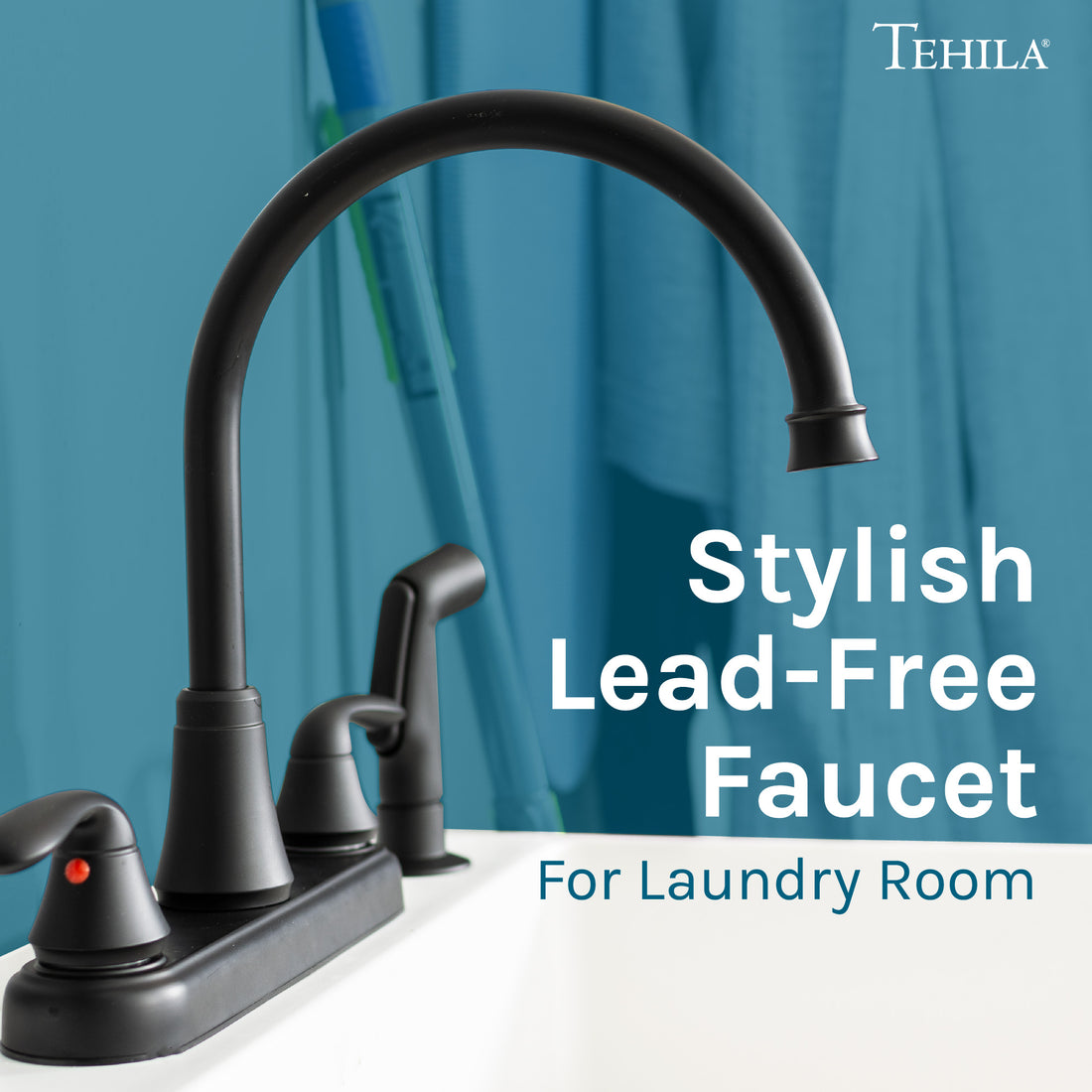 Tehila Black Finish Wide-set Gooseneck Faucet with Side Sprayer - Utility sinks vanites Tehila