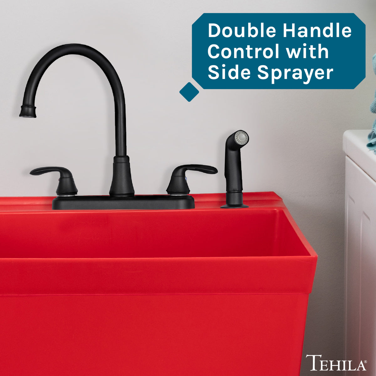 Tehila Black Finish Wide-set Gooseneck Faucet with Side Sprayer - Utility sinks vanites Tehila