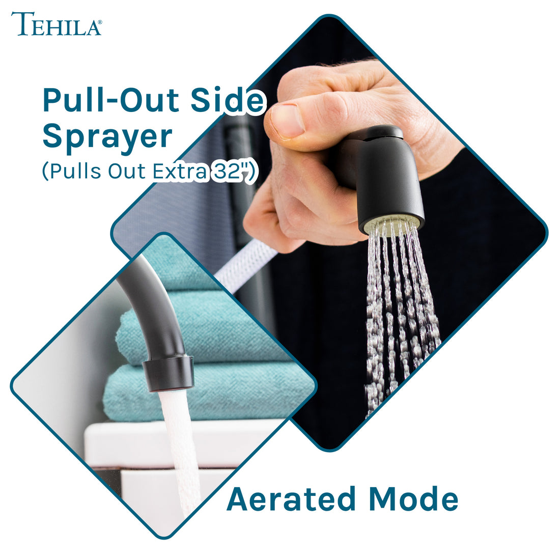 Tehila Black Finish Wide-set Gooseneck Faucet with Side Sprayer - Utility sinks vanites Tehila