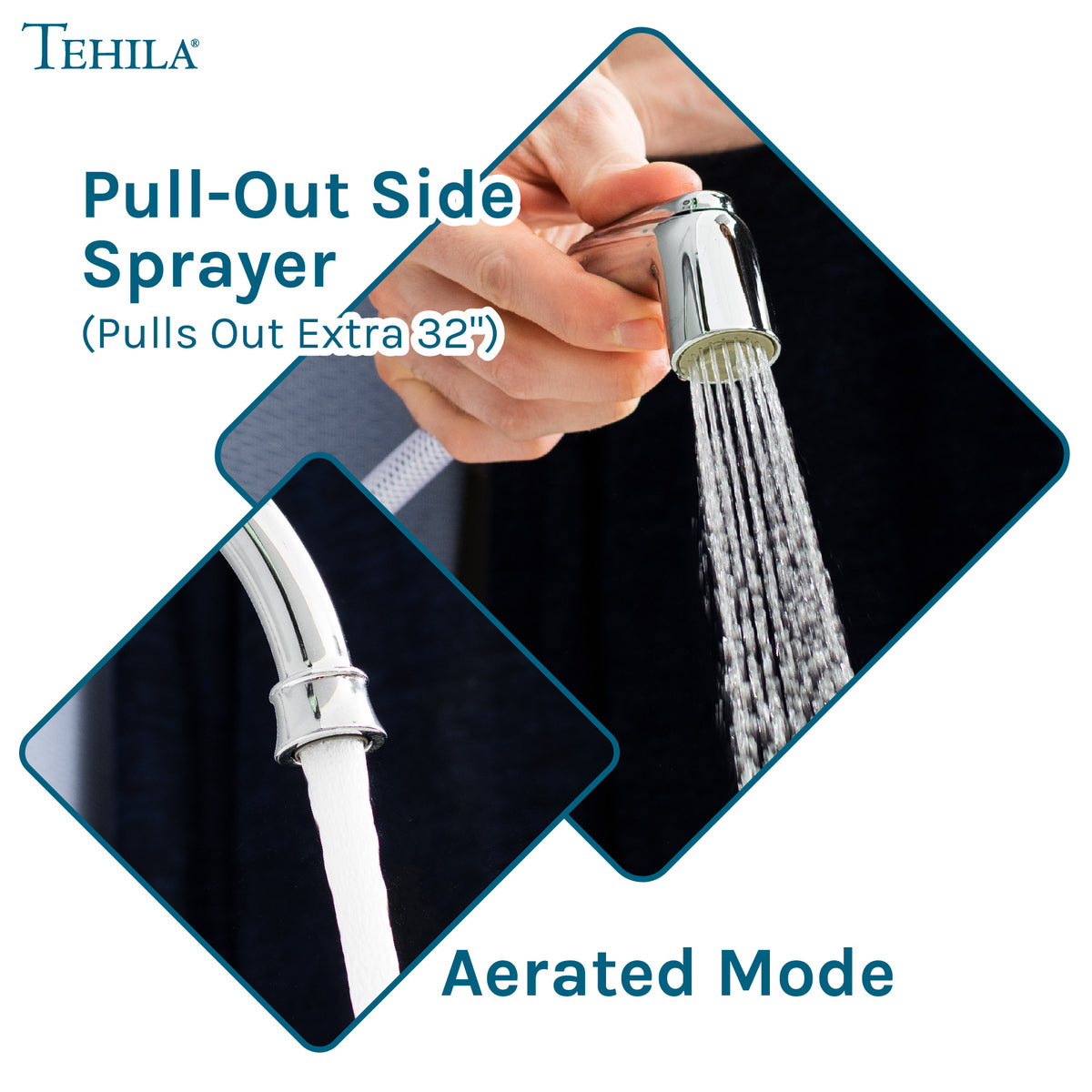 Tehila Chrome Finish Wide-set Gooseneck Faucet with Side Sprayer - Utility sinks vanites Tehila