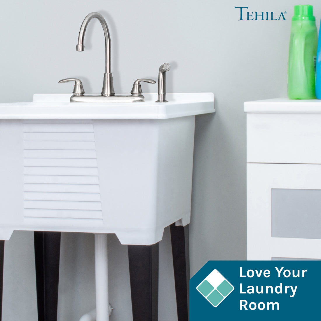 Tehila Stainless Steel Finish Wide-set Gooseneck Faucet with Side Sprayer - Utility sinks vanites Tehila