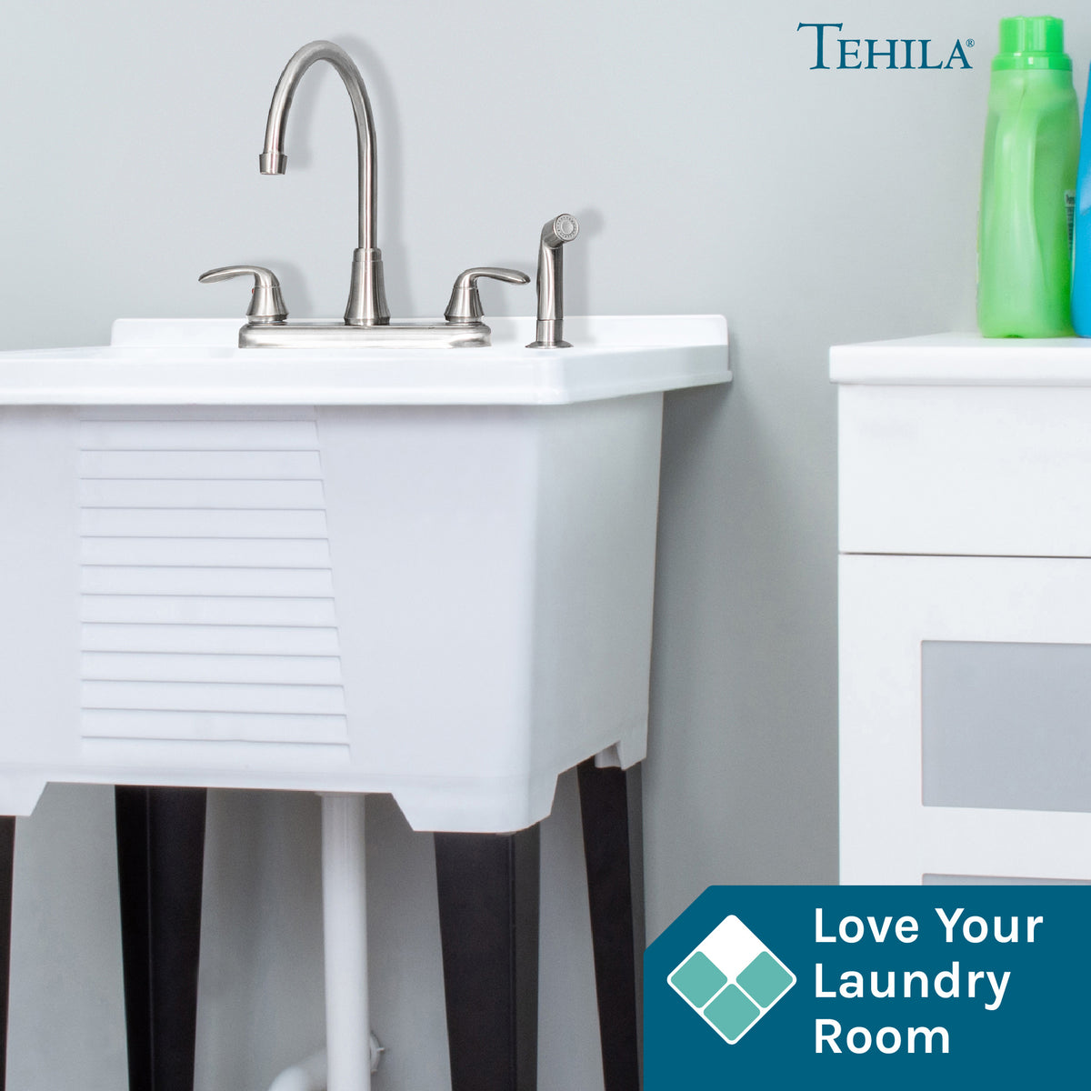 Tehila Stainless Steel Finish Wide-set Gooseneck Faucet with Side Sprayer - Utility sinks vanites Tehila