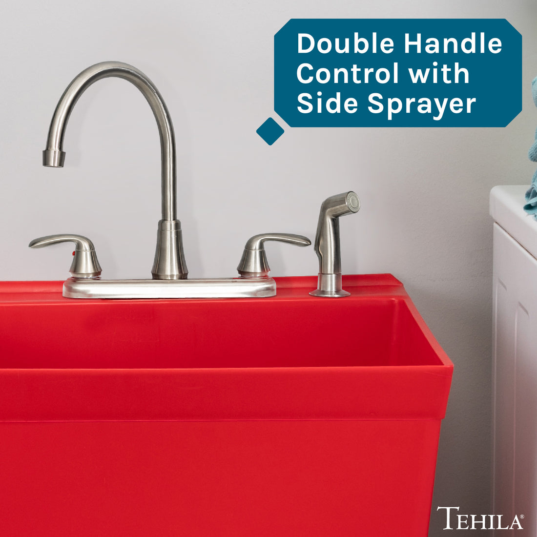 Tehila Stainless Steel Finish Wide-set Gooseneck Faucet with Side Sprayer - Utility sinks vanites Tehila