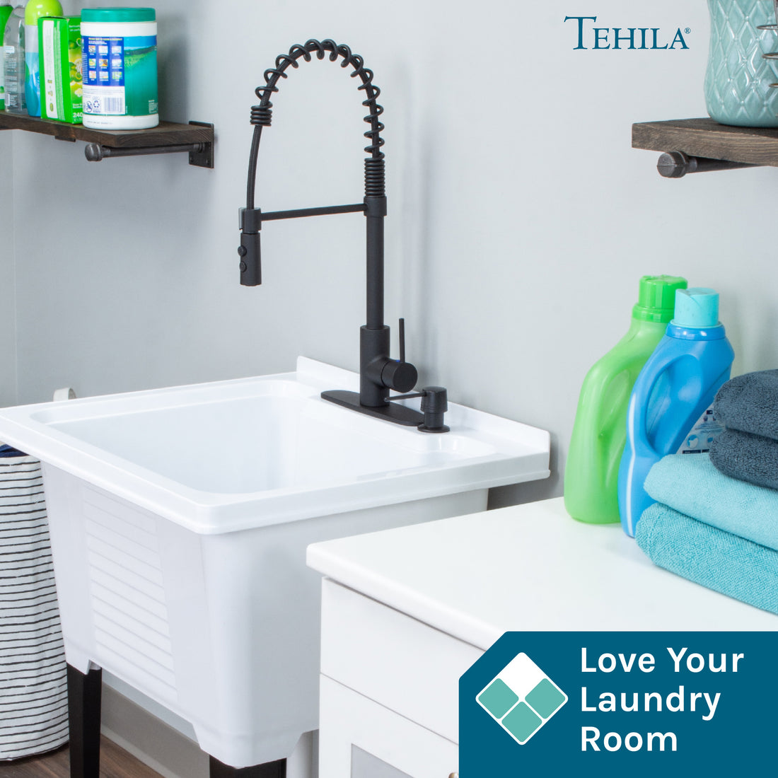 Tehila Black Finish High Arc Coil Pull-Down Faucet - Utility sinks vanites Tehila