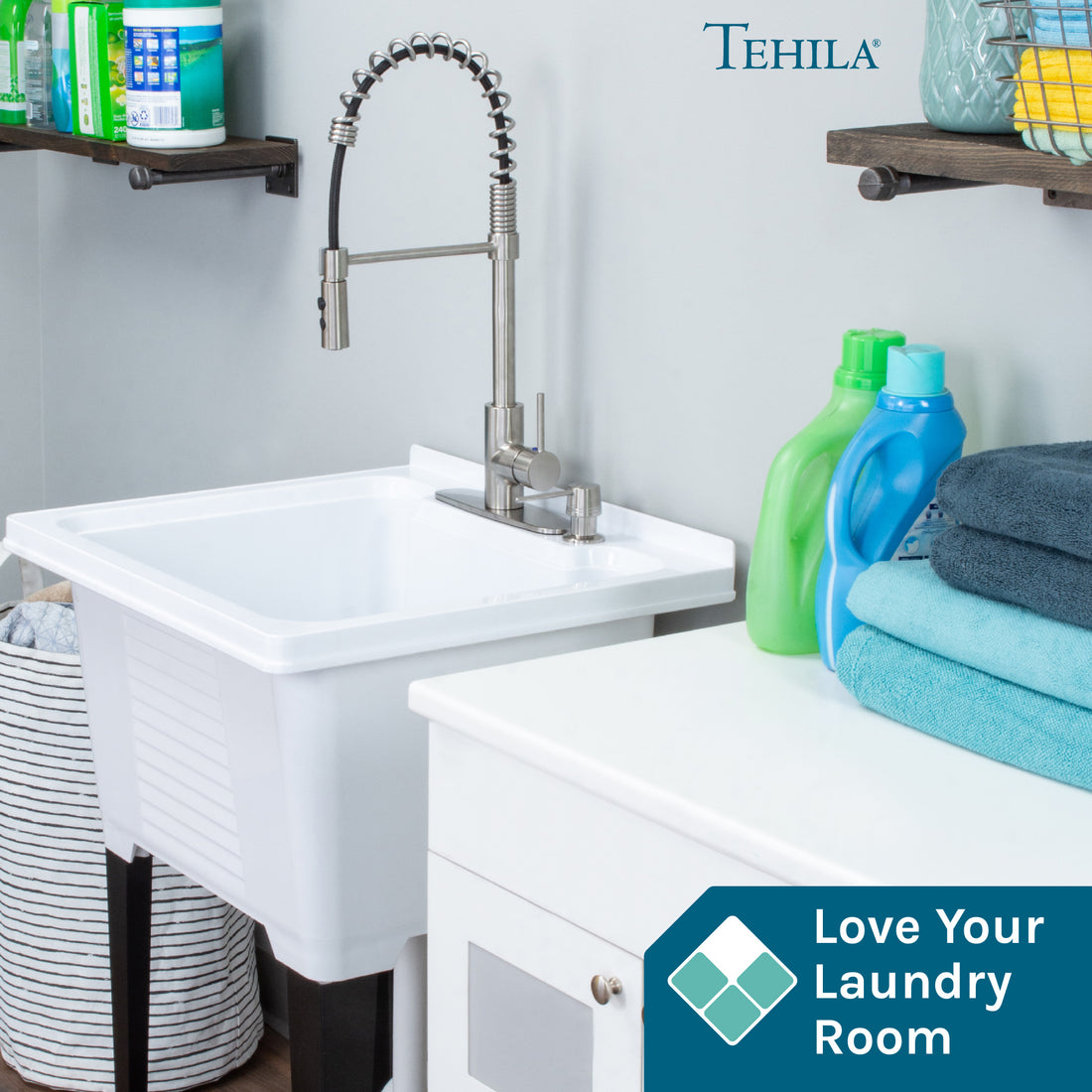 Tehila Stainless Steel Finish High Arc Coil Pull-Down Faucet - Utility sinks vanites Tehila