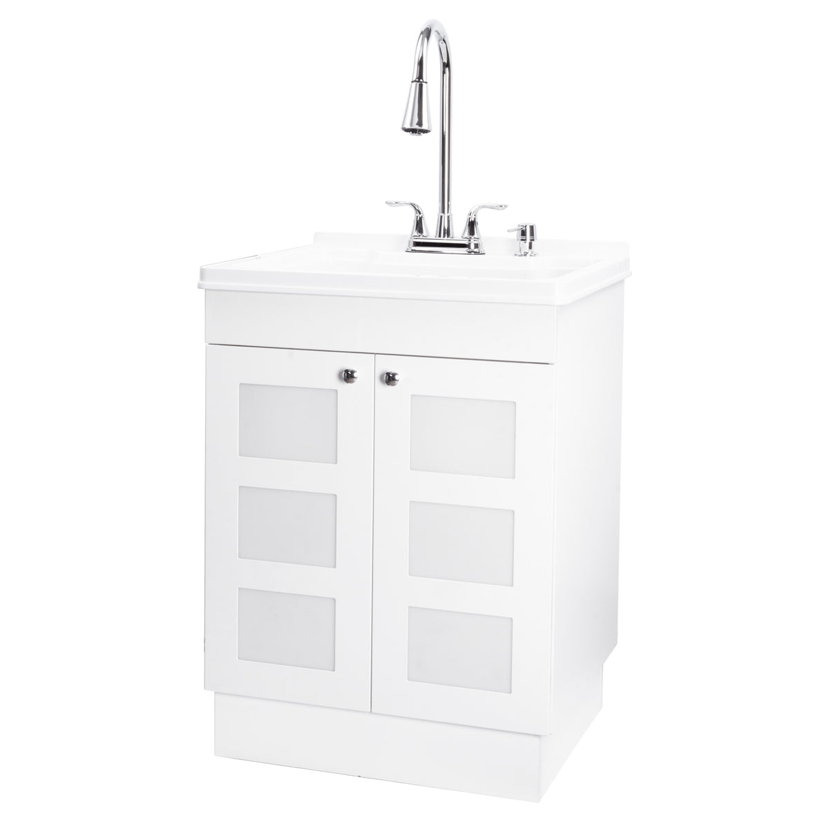 White Laundry Cabinet Vanity, Utility Sink with High Arc Chrome Faucet and Soap Dispenser - [rustic_industrial_pipe_decor]