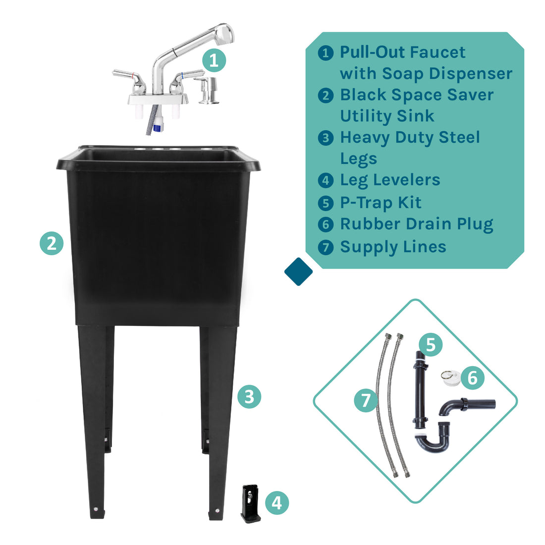 Tehila Space Saver Freestanding Black Utility Sink with Chrome Finish Pull-Out Faucet - Utility sinks vanites Tehila