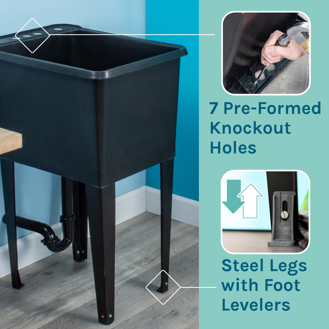 Tehila Space Saver Freestanding Black Utility Sink with Chrome Finish Pull-Out Faucet - Utility sinks vanites Tehila