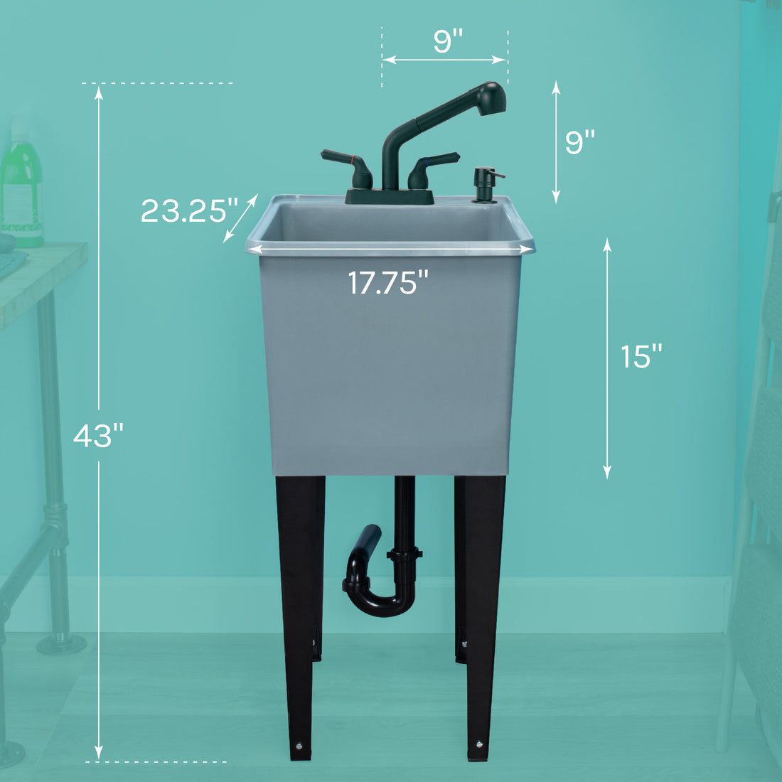 Tehila Space Saver Freestanding Grey Utility Sink with Black Finish Pull-Out Faucet - Utility sinks vanites Tehila