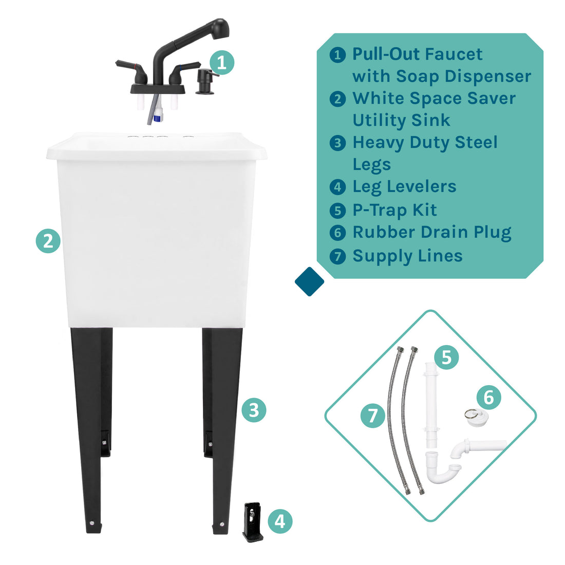 Tehila Space Saver Freestanding White Utility Sink with Black Finish Pull-Out Faucet - Utility sinks vanites Tehila