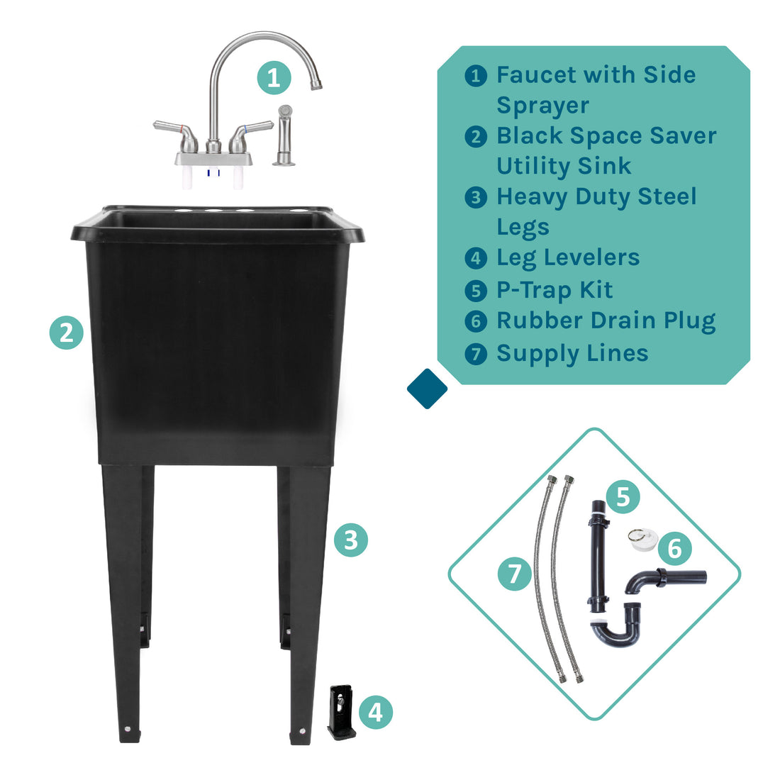 Tehila Space Saver Freestanding Black Utility Sink with Stainless Steel Finish Gooseneck Faucet and Side Sprayer - Utility sinks vanites Tehila