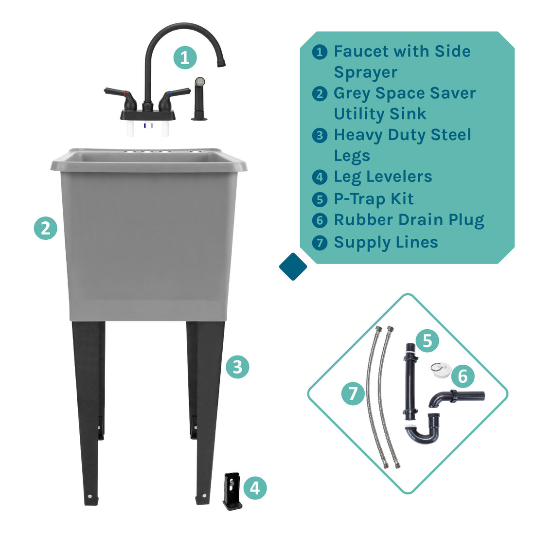 Tehila Basics Freestanding Grey Utility Sink with Black Finish Dual Handle  Utility Faucet